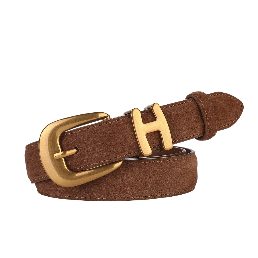 Ceinture femme Marguerite en cuir suédé marron avec boucle ardillon dorée mate et initiales H.