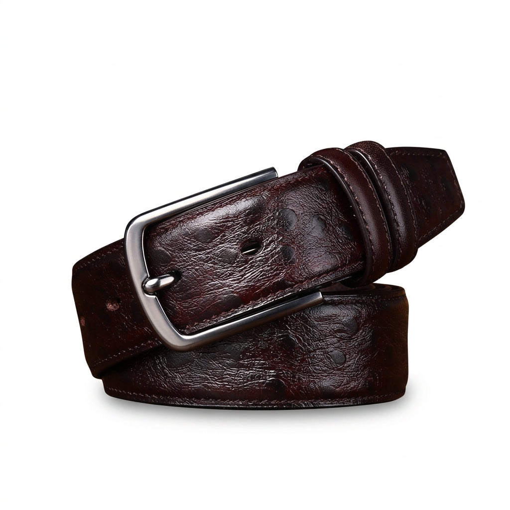 Ceinture homme Valmy en cuir pleine fleur marron avec motif autruche en relief et boucle ardillon carrée argentée
