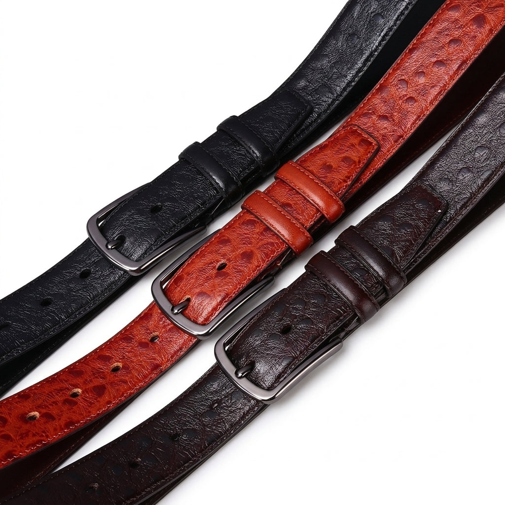 Trois ceintures homme Valmy en cuir pleine fleur avec motif autruche en relief, disponibles en noir, cognac et marron foncé, équipées de boucles ardillon argentées classiques.