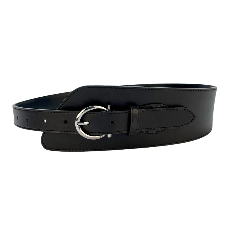 Ceinture noire Marion avec boucle argentée ronde en alliage, en cuir suédé refendu, style waist belt, finition mate et lisse.