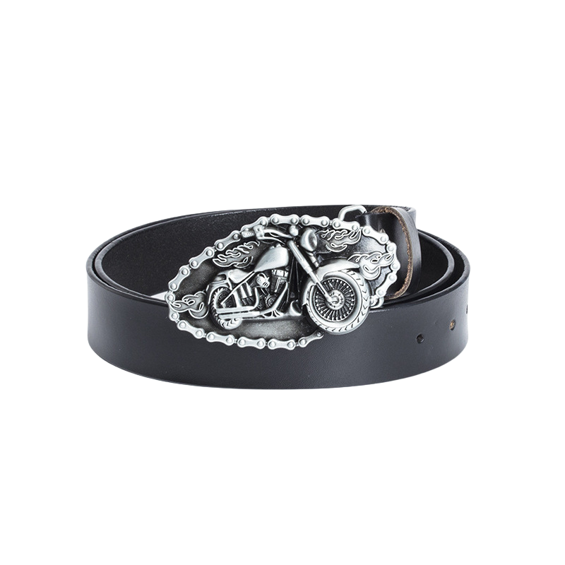 Ceinture en cuir noir Maurice pour homme avec boucle argentée ornée d'une moto en relief et de flammes.