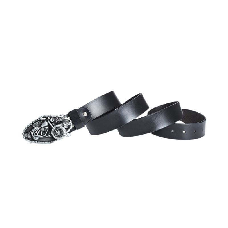 Ceinture homme Maurice noire avec boucle argentée ornée d'une moto en relief.