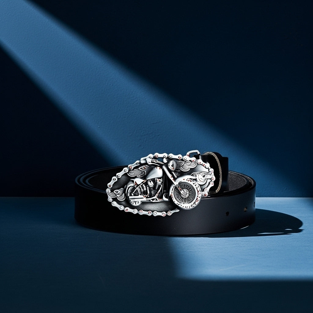 Ceinture Maurice noire en cuir refendu avec une boucle argentée ornée d'une moto en relief et d'une chaîne #fullwidth