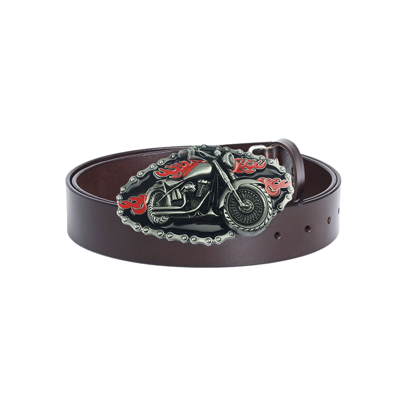Ceinture homme Maurice en cuir marron avec une boucle argentée en forme de moto stylisée avec des flammes rouges.
