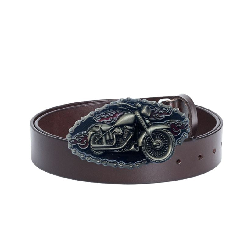 Ceinture en cuir marron pour homme, modèle Maurice, avec une boucle argentée ornée d'une moto en relief et de flammes.