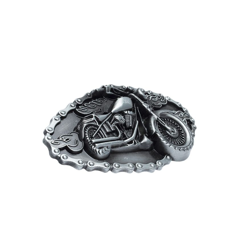 Boucle de ceinture Maurice en alliage argenté avec une moto en relief et un bord imitation chaîne de moto.
