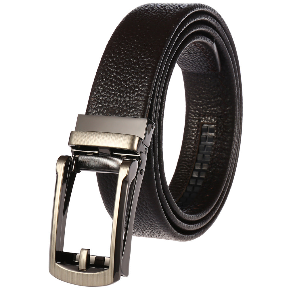 Ceinture homme Max en cuir marron avec boucle rectangulaire argentée mate et système de réglage automatique