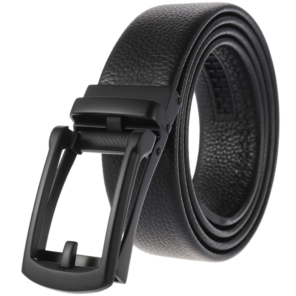 Ceinture pour homme Max noire avec boucle automatique rectangulaire en alliage noir mat, cuir refendu texturé, largeur 3,5 cm.