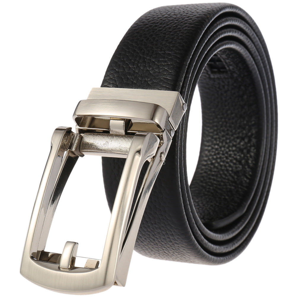 Ceinture homme Max en cuir noir avec boucle automatique rectangulaire argentée et système de crans invisibles. Largeur 3,5 cm.