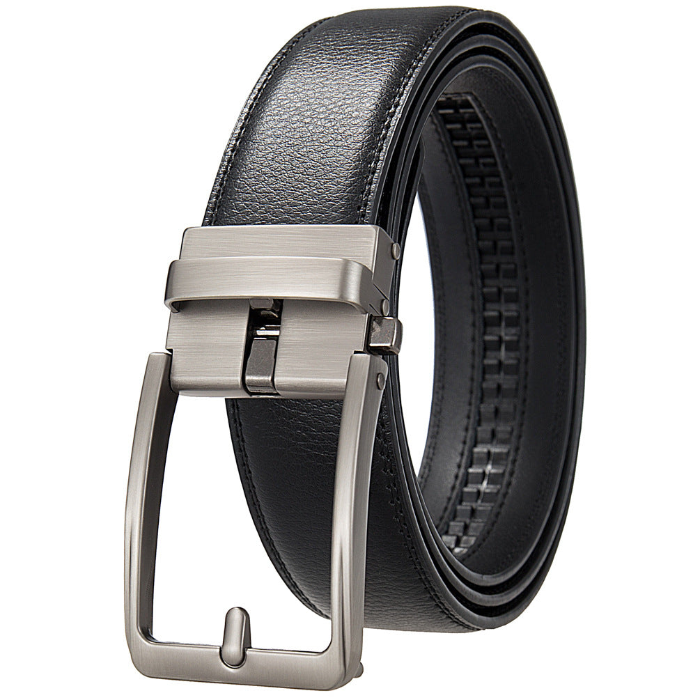 Ceinture homme Max Lux 20 en cuir noir avec boucle rectangulaire automatique argentée.