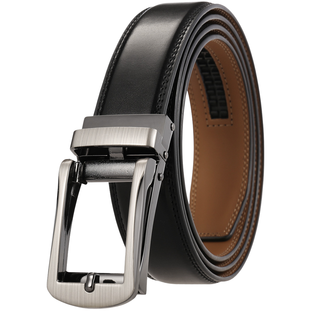 Ceinture homme Maxence noire en cuir de vachette avec boucle automatique grise brossée, largeur 3 cm.