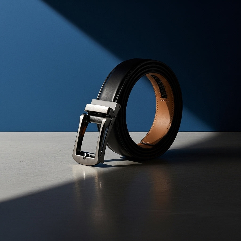 Ceinture homme Maxence en cuir de vachette noir lisse avec boucle automatique grise brossée, largeur 3 cm. #fullwidth