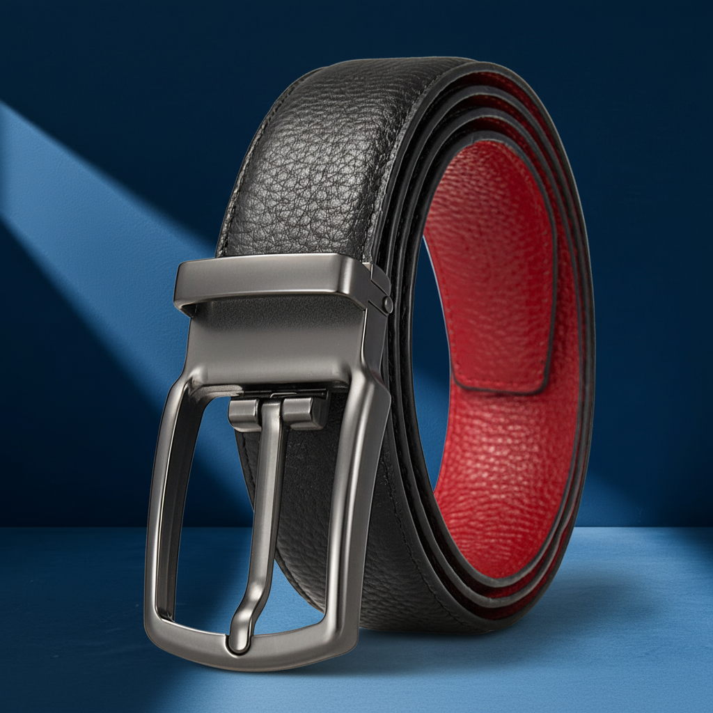 Ceinture homme MaxTan réversible noir et rouge en cuir pleine fleur avec boucle ardillon rotative rectangulaire #fullwidth