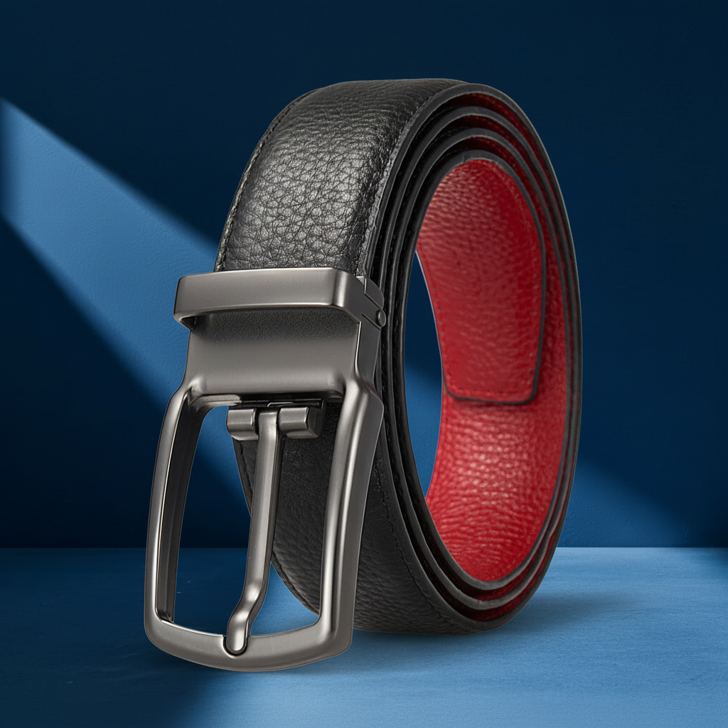 Ceinture homme MaxTan en cuir pleine fleur réversible noir et rouge avec boucle ardillon rotative rectangulaire #fullwidth