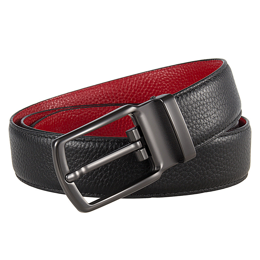 Ceinture homme MaxTan réversible noir et rouge en cuir pleine fleur avec boucle ardillon rotative rectangulaire en alliage argenté