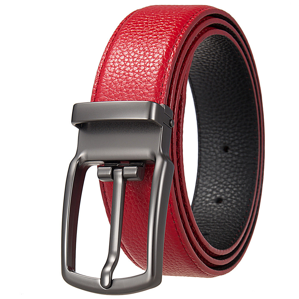 Ceinture homme réversible MaxTan en cuir pleine fleur rouge et noir avec boucle ardillon rotative argentée.