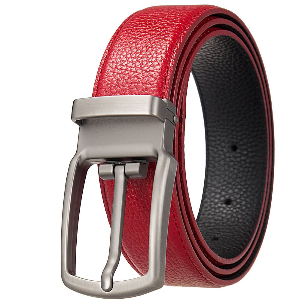 Ceinture MaxTan homme rouge en cuir pleine fleur avec boucle ardillon rotative argentée, lanière texturée réversible noir/rouge réversible