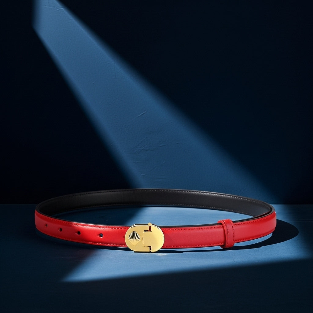 Ceinture fine rouge en cuir de vachette pour femme, modèle Megève, avec une boucle ovale dorée à motif coquillage embossé. #fullwidth