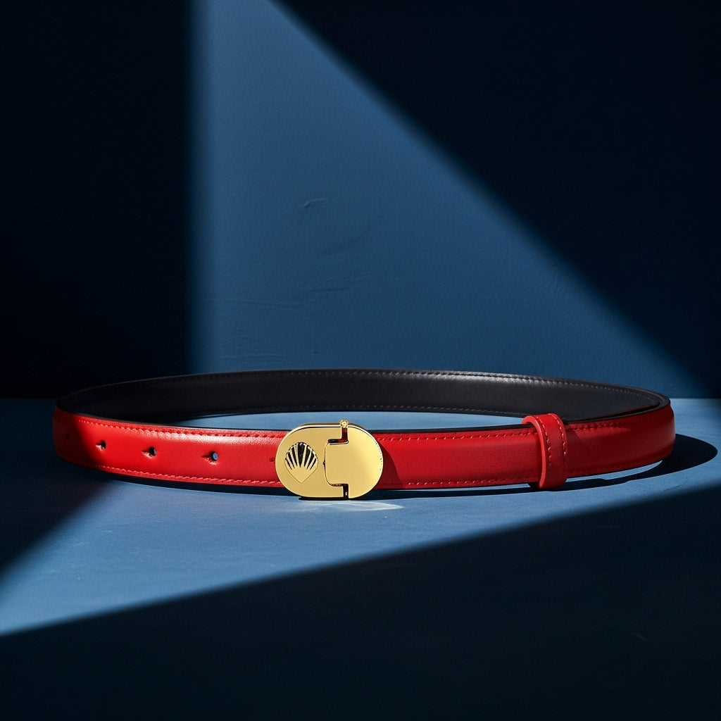 Ceinture fine rouge en cuir refendu de vachette, modèle Megève, avec une boucle ovale dorée à motif coquillage embossé. #fullwidth