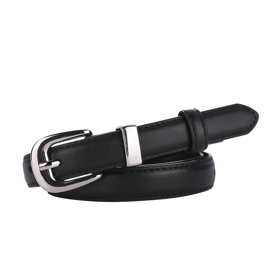 Ceinture fine Mélancolie en cuir noir avec boucle ardillon arrondie dorée, style artisanal.