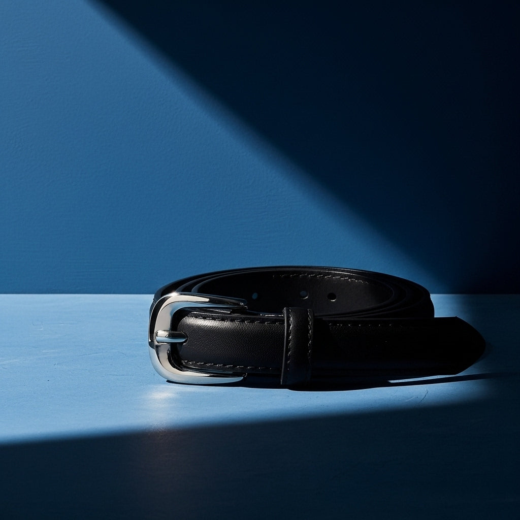 Ceinture fine en cuir noir pour femme, modèle Mélancolie, avec une boucle ardillon argentée arrondie. #fullwidth