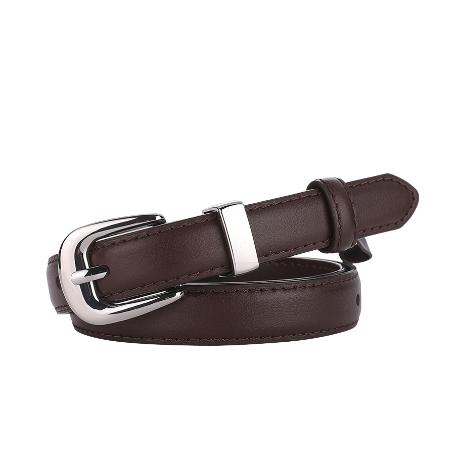 Ceinture fine artisanale Mélancolie en cuir marron avec boucle ardillon dorée arrondie.
