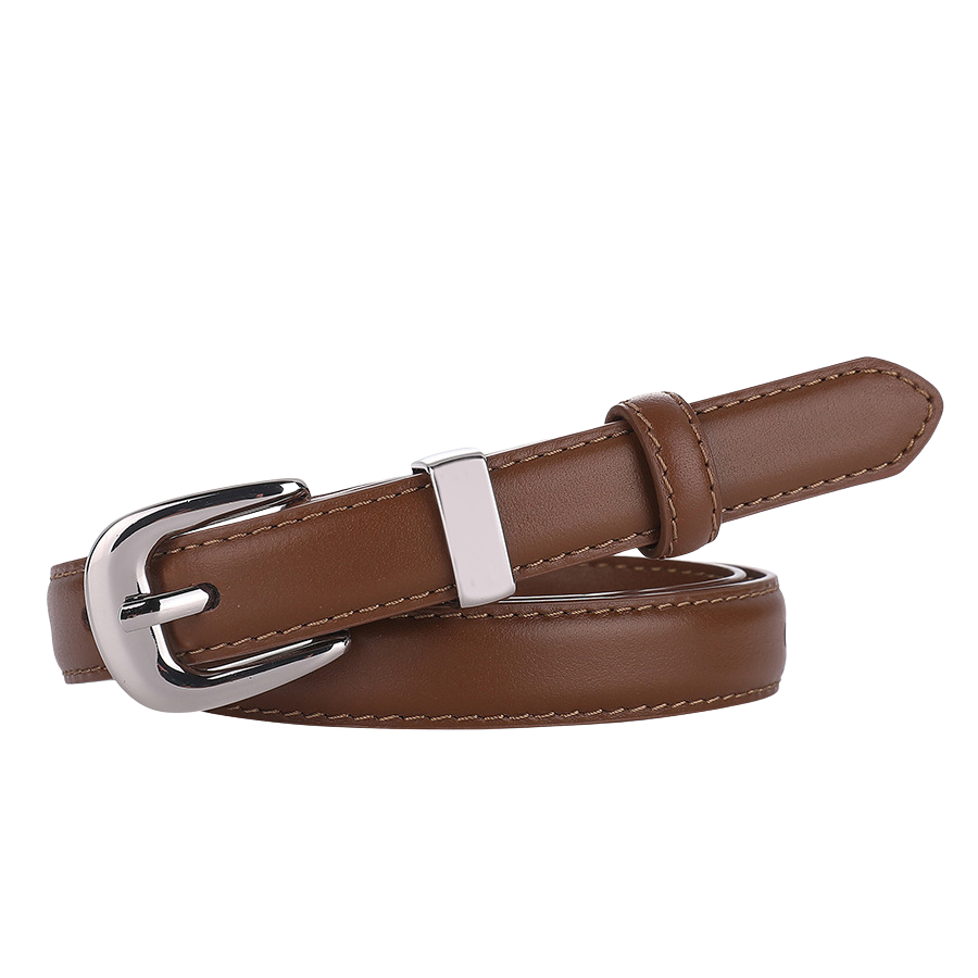Ceinture fine en cuir marron pour femme, modèle Mélancolie, avec une boucle ardillon argentée arrondie et des surpiqûres ton sur ton.