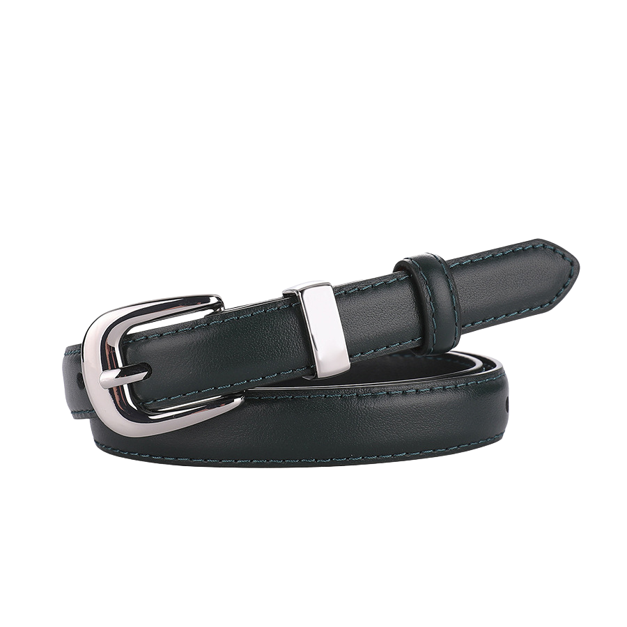 Ceinture fine artisanale Mélancolie en cuir vert foncé avec boucle ardillon dorée arrondie.