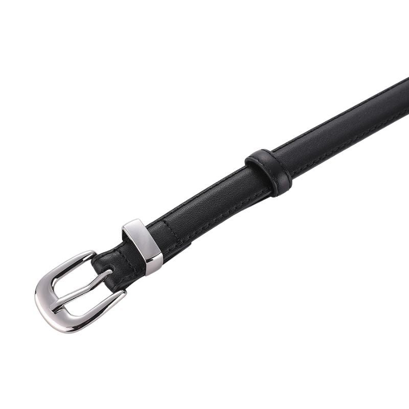 Ceinture fine en cuir noir artisanale Mélancolie avec boucle ardillon argentée arrondie, largeur 1.4 cm.