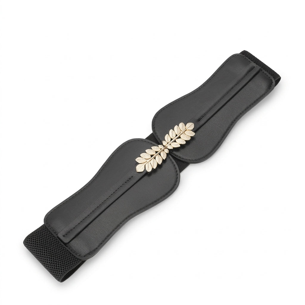 Ceinture large noire Mélisande en cuir pleine fleur avec boucle décorative dorée en forme de feuille, accessoire élégant pour femme