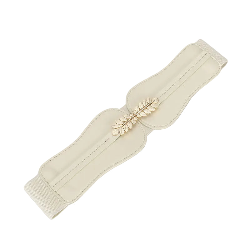Ceinture large pour femme Mélisande en cuir blanc cassé avec boucle originale en forme de feuilles dorées