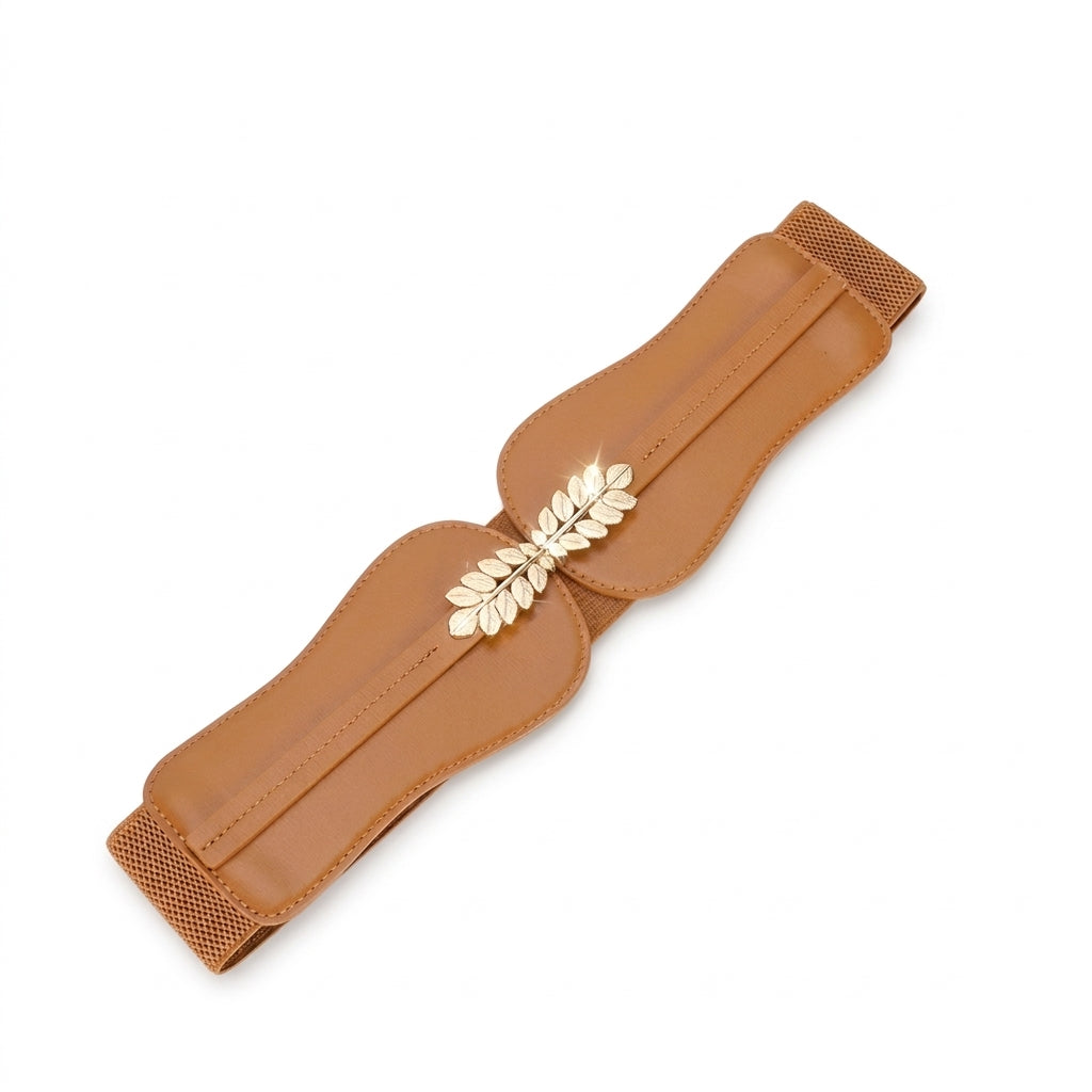 Ceinture large pour femme Mélisande en cuir pleine fleur marron avec boucle ardillon originale en forme de feuilles dorées