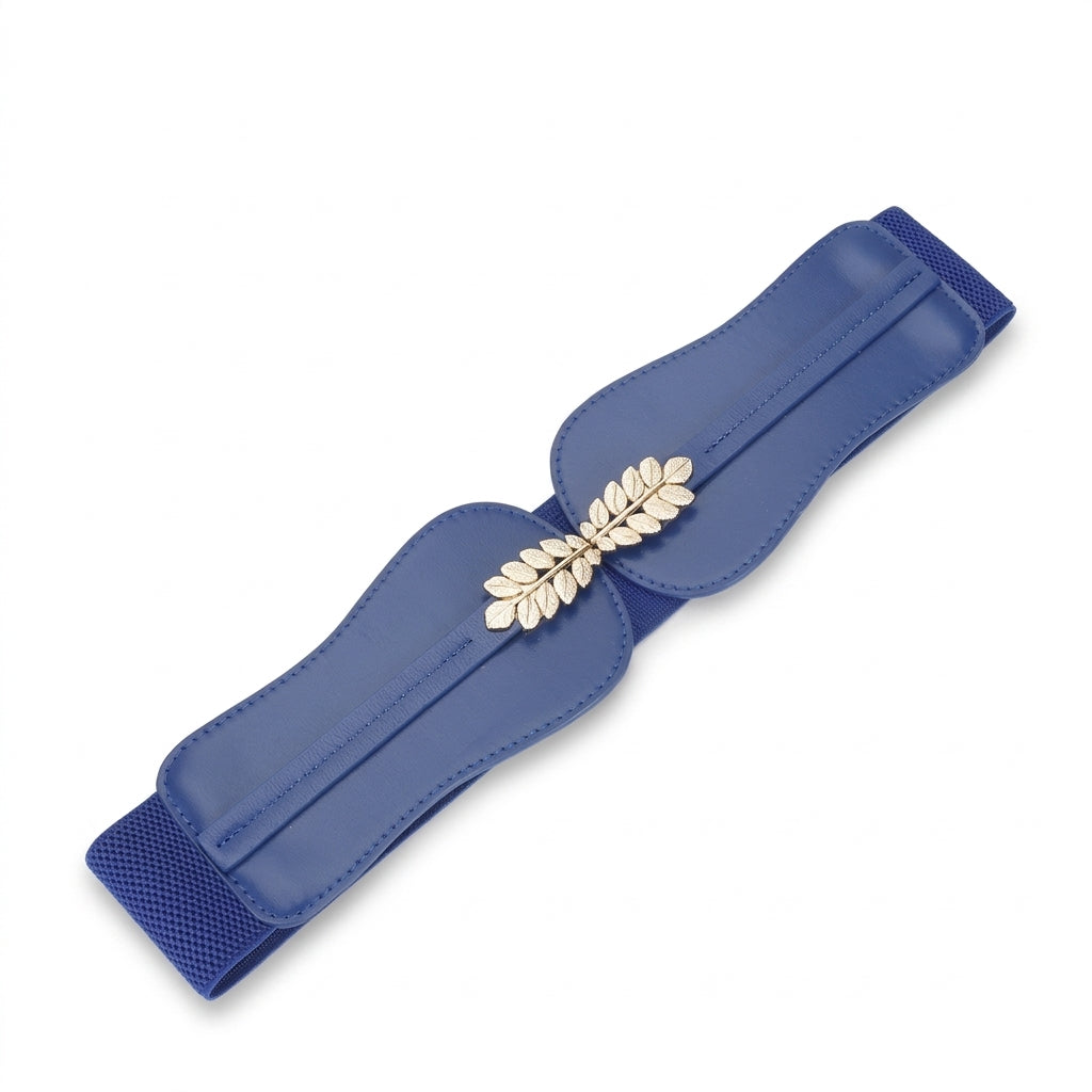 Ceinture large femme Mélisande en cuir bleu avec boucle décorative dorée en forme de feuilles, accessoire élégant pour structurer la silhouette.