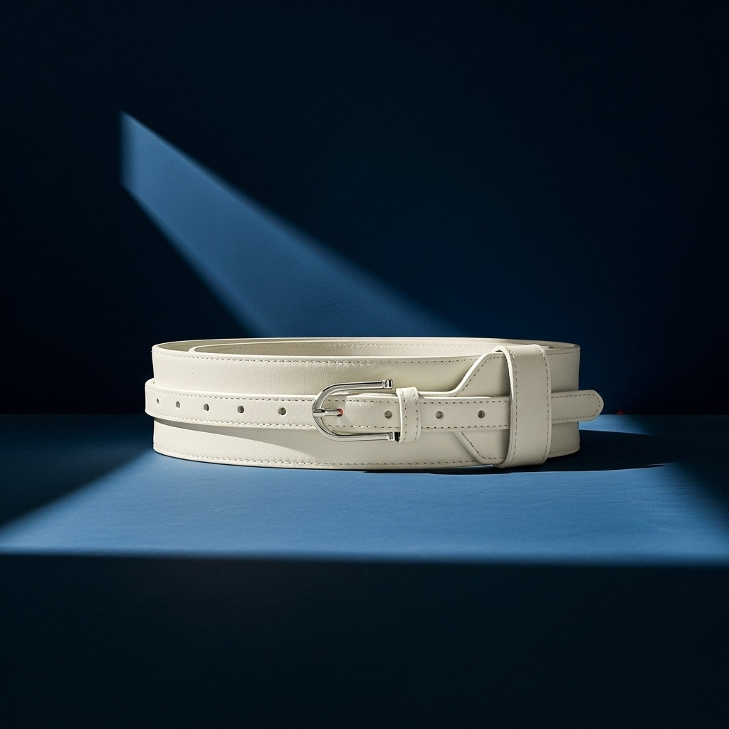 Ceinture large Mélissa en cuir blanc cassé avec boucle argentée arrondie et design deux pièces, idéale pour structurer les tenues. #fullwidth