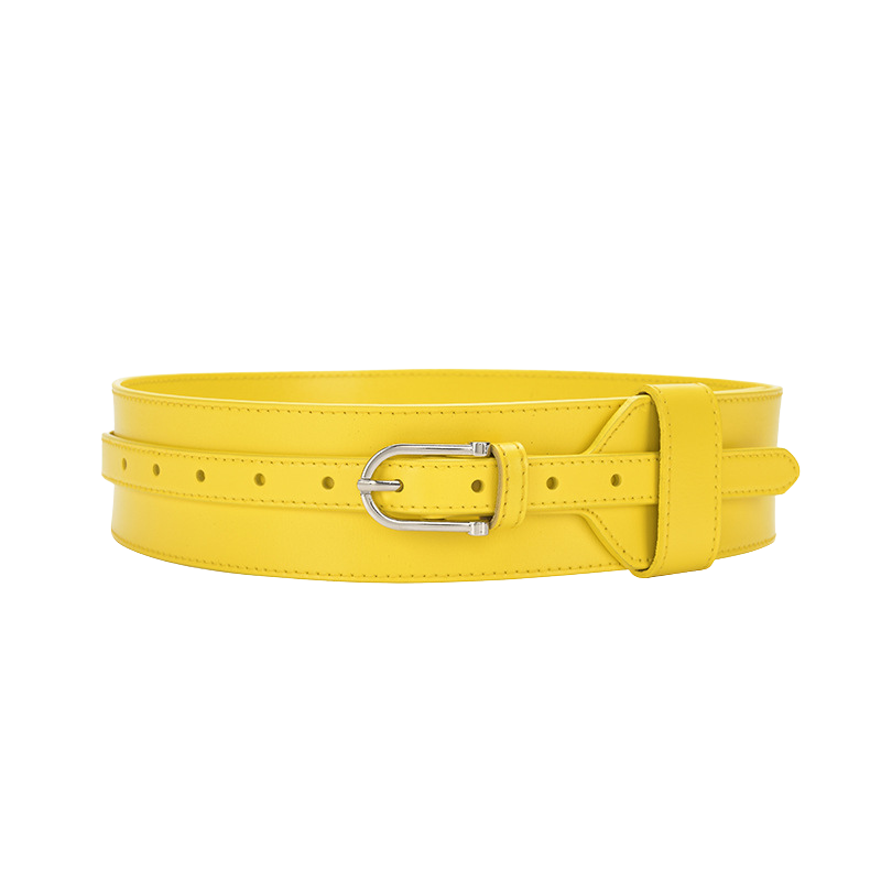 Ceinture extra large Mélissa jaune en cuir refendu avec boucle argentée arrondie