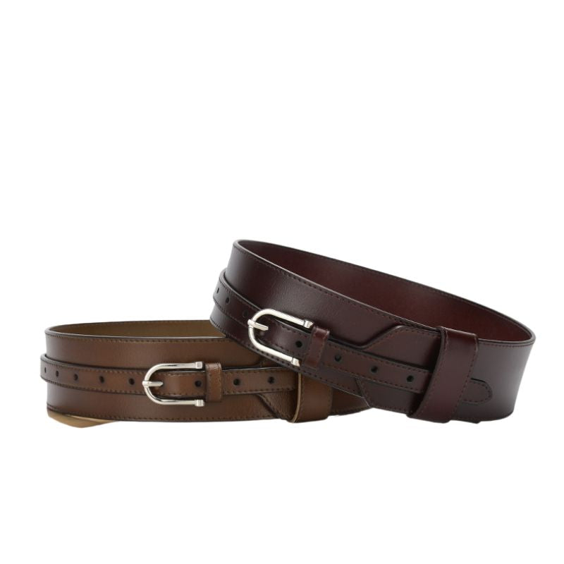 Ceinture large en cuir marron foncé et marron clair avec boucle argentée, modèle Mélissa
