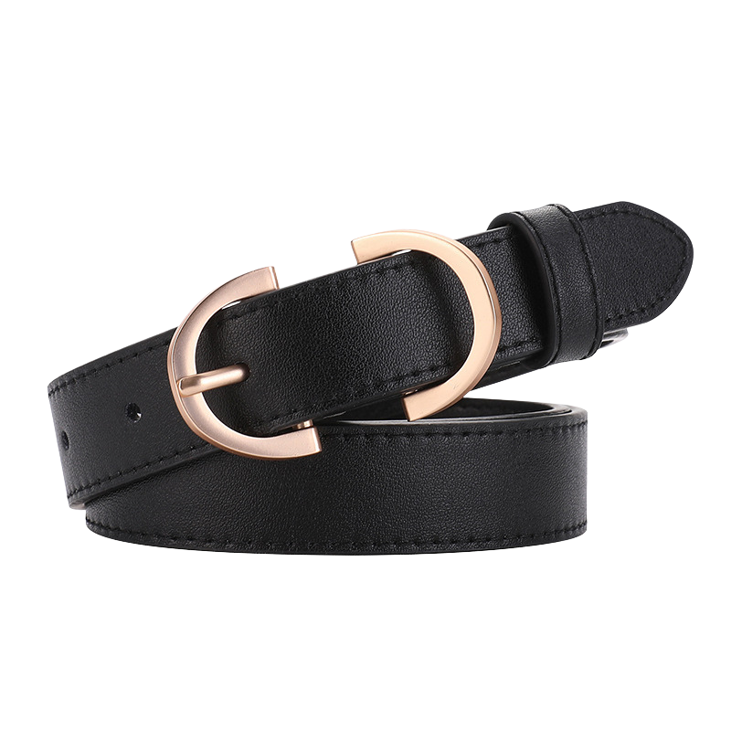 Ceinture femme Mélodieuse noire en cuir lisse avec boucle ardillon dorée de forme ovale allongée.