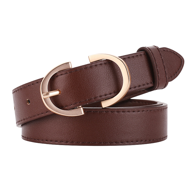 Ceinture femme Mélodieuse en cuir marron avec boucle ardillon dorée ovale allongée.