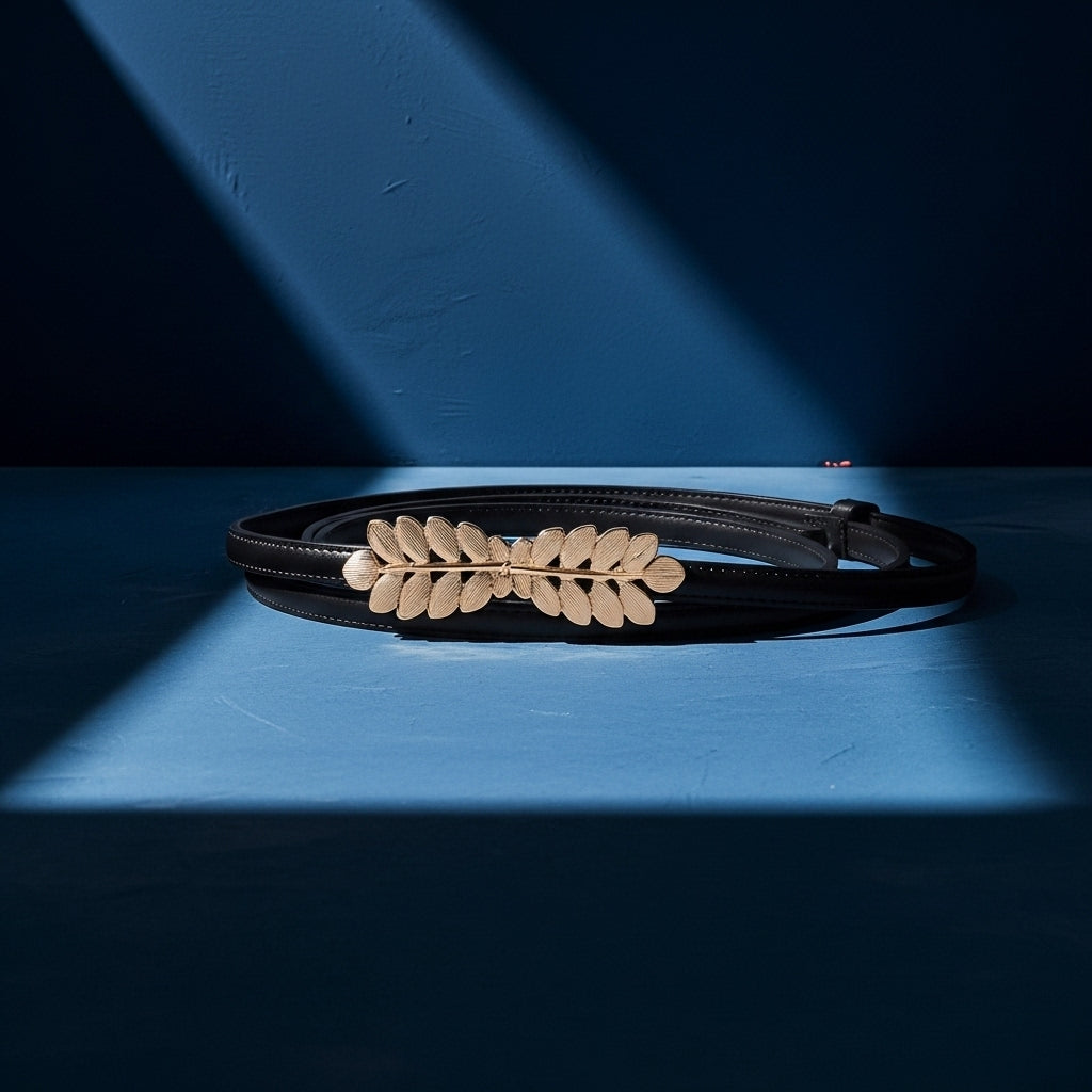 Ceinture fine pour femme Mélusine en cuir noir pleine fleur, avec une boucle bijou dorée en forme de double feuille. Le fond bleu et les jeux d'ombre donnent une touche artistique à la présentation du produit. #fullwidth