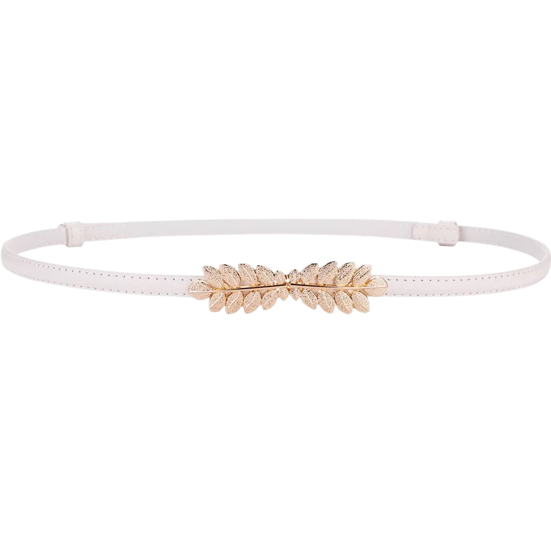 Ceinture fine blanche pour femme Mélusine en cuir avec boucle dorée en forme de double feuille. #fullwidth