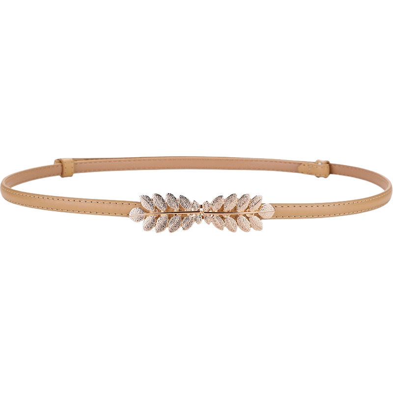 Ceinture fine pour femme Mélusine en cuir beige, avec boucle dorée en forme de double feuille.