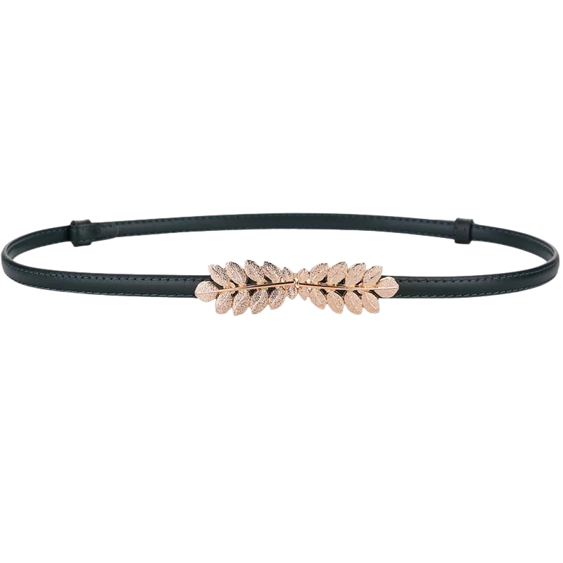 Ceinture fine pour femme Mélusine en cuir vert avec boucle dorée en forme de double feuille