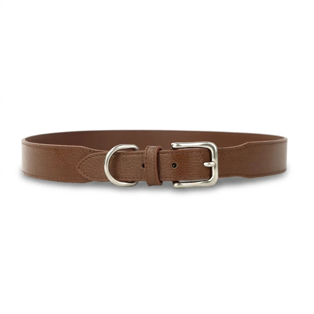 Ceinture femme Mirabelle en cuir de vachette marron avec boucle ardillon argentée et passant rond.