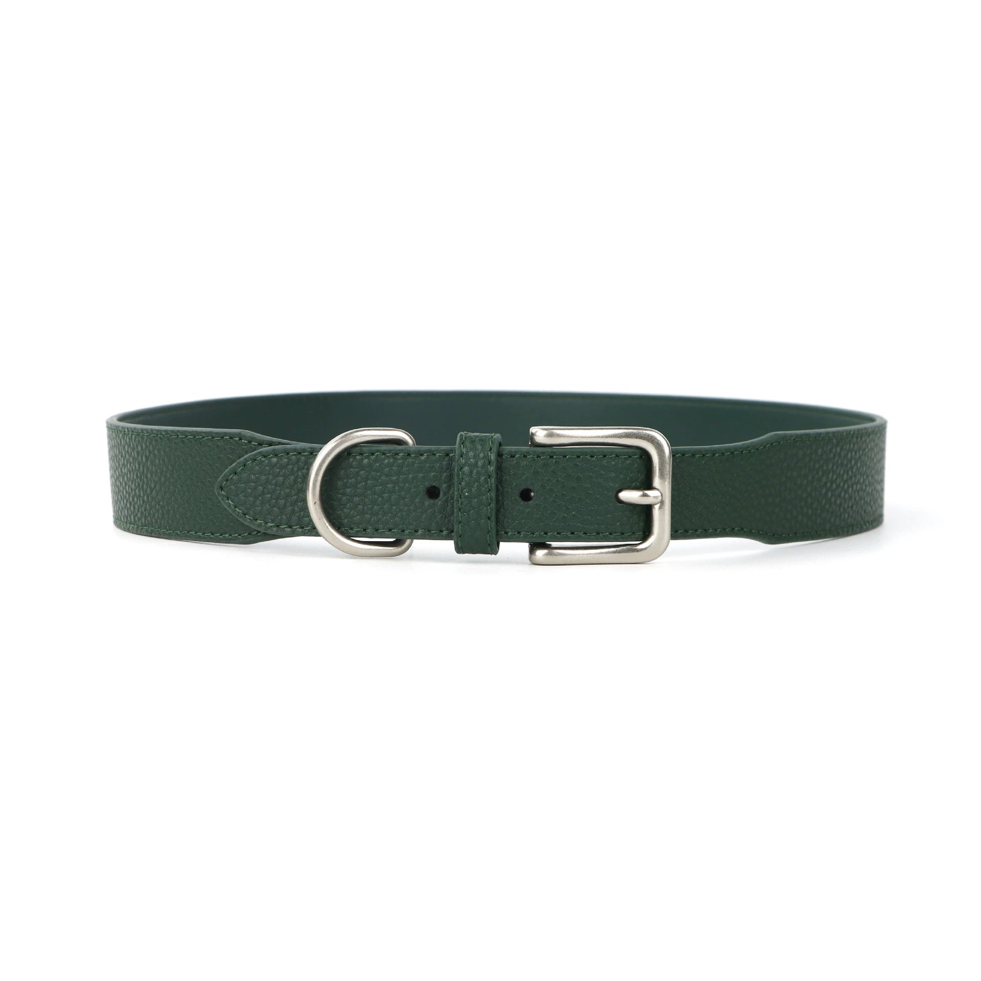 Ceinture femme Mirabelle en cuir de vachette vert forêt, avec boucle ardillon argentée.
