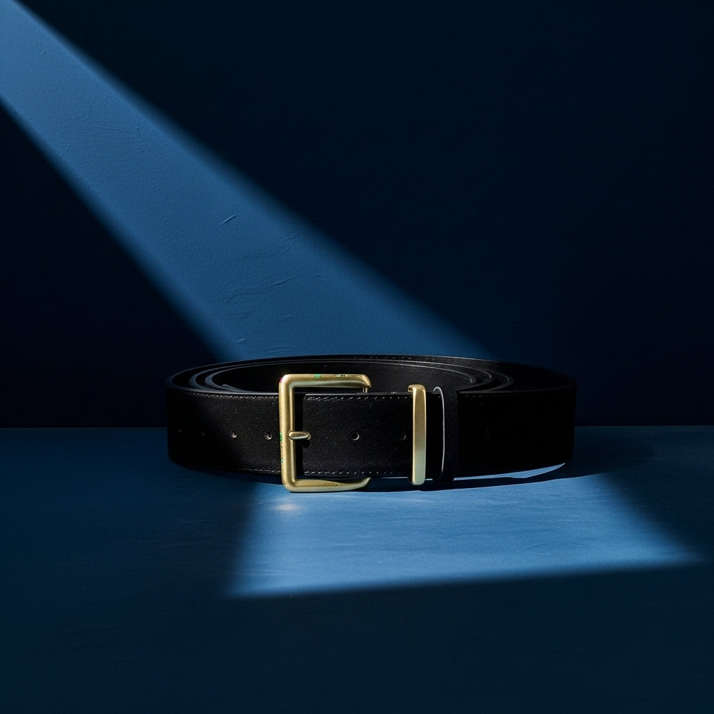 Ceinture femme Mirage noire en cuir de vachette refendu traité en daim mat, avec une boucle ardillon carrée dorée et un passant discret. #fullwidth