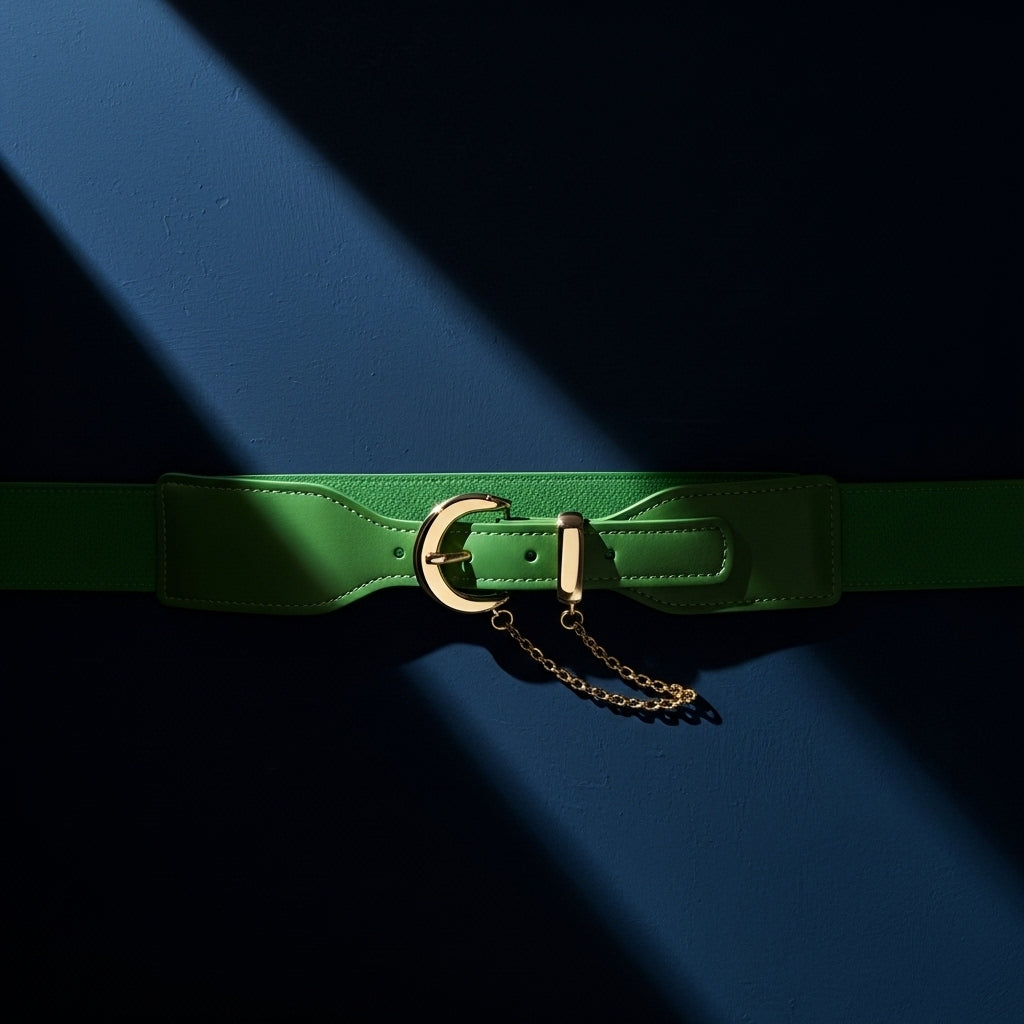 Ceinture large verte en cuir nubuck, modèle Mireille, avec boucle ardillon demi-lune dorée et chaîne décorative. #fullwidth