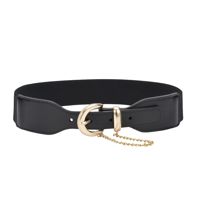 Ceinture femme Mireille noire en cuir nubuck avec boucle demi-lune dorée et chaîne décorative.