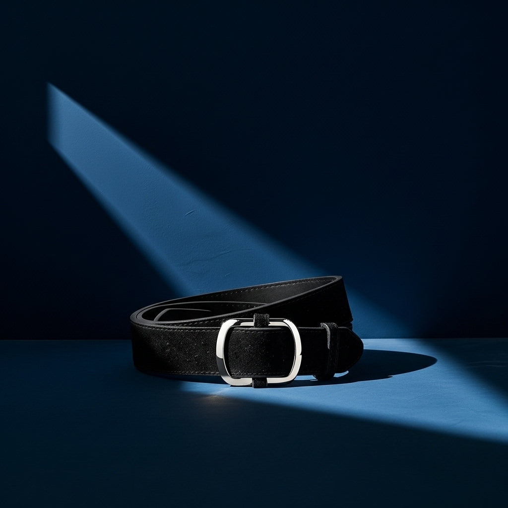 Ceinture femme Mirella en cuir de vachette noir traité daim, avec boucle ardillon ovale allongée argentée brossée. #fullwidth