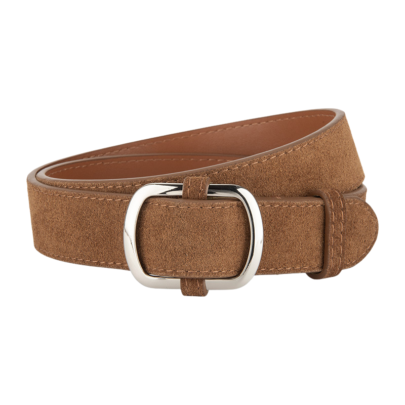 Ceinture femme Mirella en daim marron clair avec boucle argentée ovale allongée.