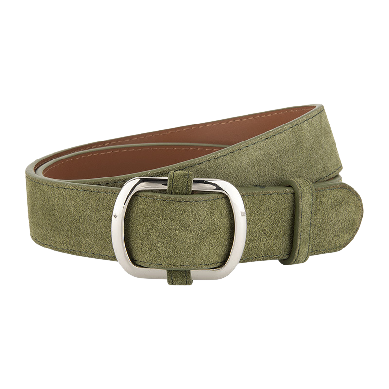 Ceinture femme Mirella en cuir de vachette refendu vert, finition daim, avec boucle ardillon ovale allongée argentée brossée.